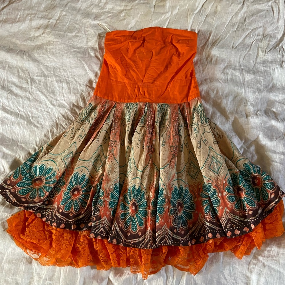 Orange Mandala Elephant Lace Strapless Swing Dress